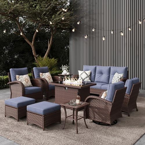 LayinSun 10-Piece Outdoor Patio Furniture Set with Fire Pit Table and Rattan Wicker Swivel Rocker Chairs Brown/Navy Blue