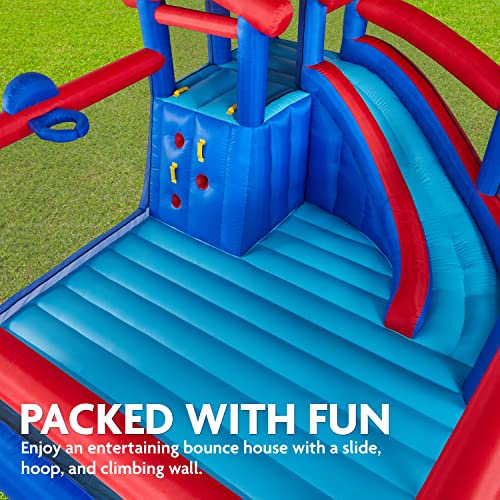 SUNNY & FUN Inflatable Hoop N’ Slide Park with Climbing Wall & Basketball Hoop Blue/Red