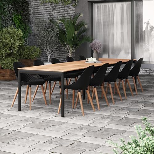 Brampton Kiribati Rectangular Outdoor Dining Set for 11, Teak & Aluminum, Black