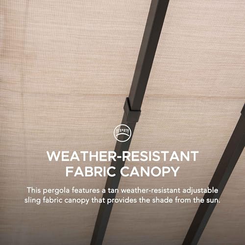 Sunjoy Outdoor Pergola 11x11 ft Black Steel with Retractable Tan Sun Shade Canopy