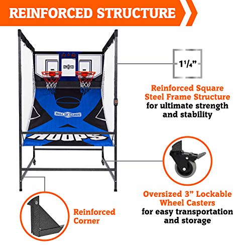 Hall of Games Indoor Arcade Basketball Games Multiple Styles 2-Player Arcade Scoring Display with Rubber Basketball Set 88" Tall Steel Cage Extra Wide Game (W/Poly Backboard)