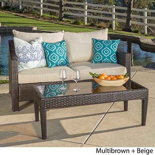 GDFStudio Outdoor Wicker Loveseat & Table with Water Resistant Cushions Brown/Beige