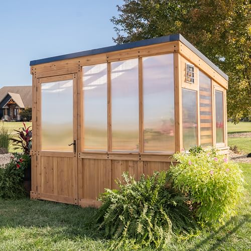 Backyard Discovery Willow 9' x 6' Cedar Greenhouse Kit with Exhaust Fan, Windows, and Staging Shelves Light Brown