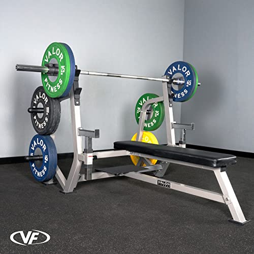 Valor Fitness Olympic Weight Bench Press Station Spotter Arms Adjustable Safety Catch Plate Storage Pegs Power Lifting Home Gym Workout Equipment BF-49 Metallic Grey and Black