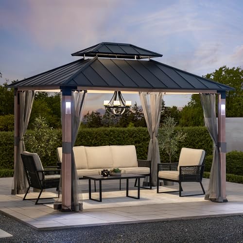 Sunjoy Hardtop Gazebo 10x12 ft with LED Lights, Remote Control & Netting Black