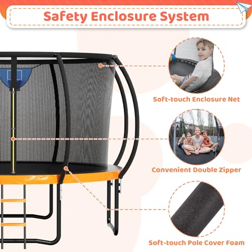 Zevemomo 14FT Outdoor Trampoline with Sprinkler, Basketball Hoop & Wind Stakes Orange