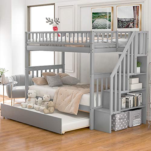 Merax Twin Over Twin Bunk Beds with Staircase and Trundle Grey