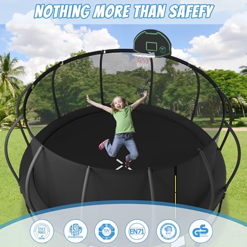 EMKK 15FT Trampoline for Kids with Safety Enclosure and Basketball Board Black Pumpkin Shaped