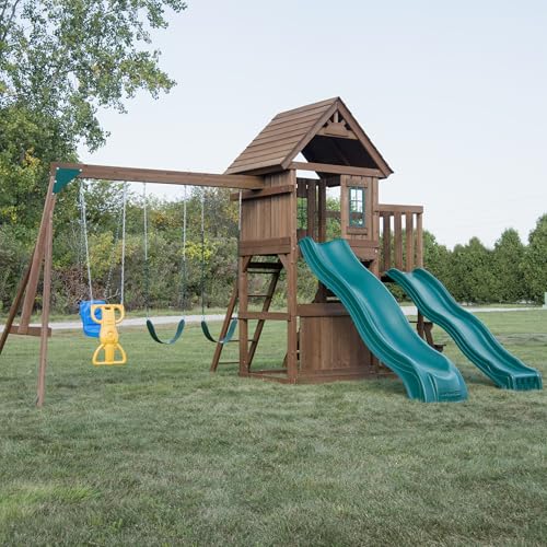 Swing-N-Slide Lookout Mountain Wooden Swing Set with Slides & Climbing Wall Brown