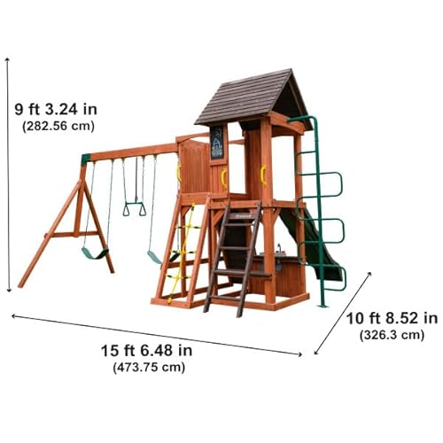 KidKraft Raptor Trail Wooden Swing Set with Twisty Ladder, Wavy Slide, Rock Wall Brown