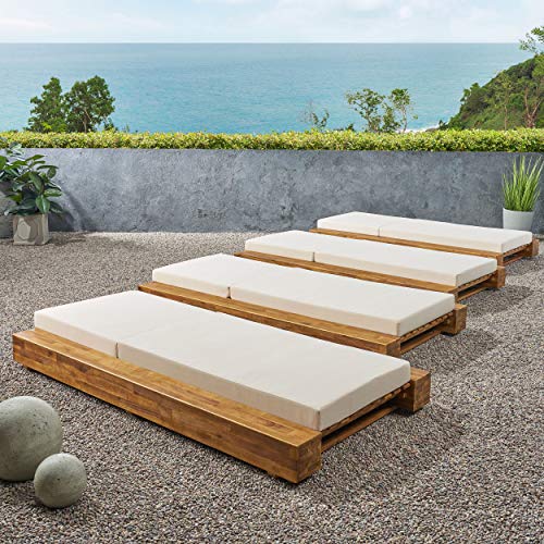Great Deal Furniture Outdoor Acacia Wood Chaise Lounge Set of 4 Sandblast Teak Finish, Cream