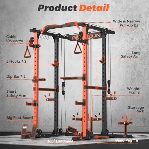 FEIERDUN Multi-Function Squat Rack Power Cage with Cable Crossover, 2000LBS Capacity, Orange/Black
