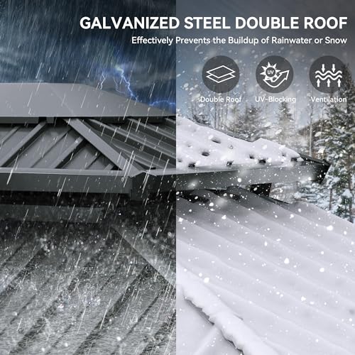 YITAHOME 10x12ft Hardtop Gazebo Double Roof Canopy with Netting and Curtains Brown