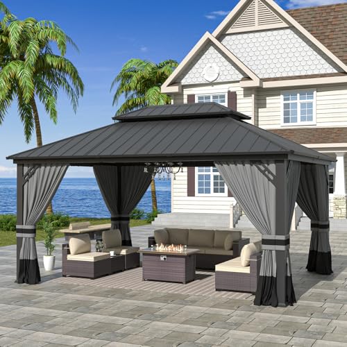 Kurapika 12' x 16' Hardtop Gazebo Outdoor Metal Pavilion with Canopy and Netting Gray