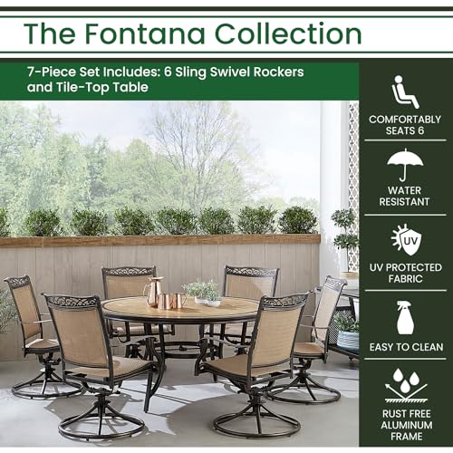Hanover Fontana 7-Piece Outdoor Dining Set with 6 Sling Swivel Rocker Chairs and Round Table, Tan/Bronze