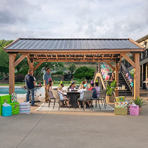 Backyard Discovery Norwood 16 ft. x 12 ft. Cedar Wood Gazebo Pavilion with Steel Roof Light Brown