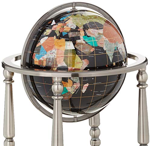 Unique Art Since 1996 Black Onyx Ocean Gemstone World Globe with Silver Stand
