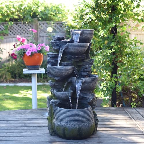 Litedeer Homes Cascading Stone Water Fountain with LED Lights 40-Inch Gray