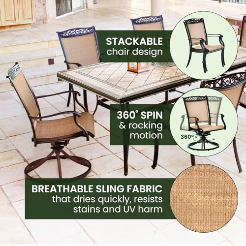 Hanover Fontana 7-Piece Patio Dining Set Rust Resistant Aluminum Outdoor Dining Set for 6 with Swivel Rockers and Tile-Top Table Tan