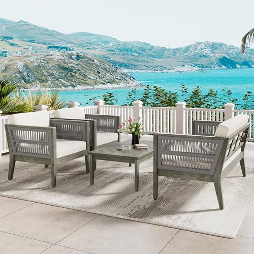 Christopher Knight Home 4-Piece Outdoor Acacia Wood Patio Set Grey+Beige