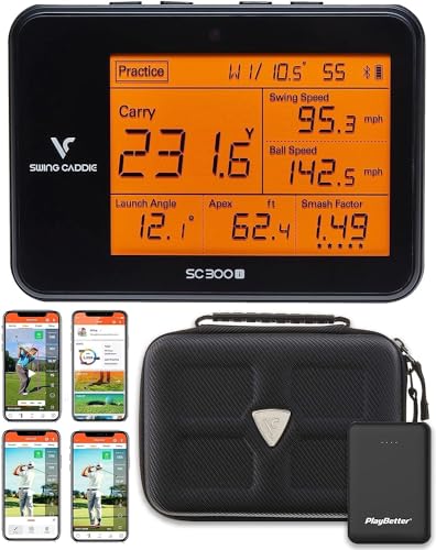 PlayBetter Swing Caddie SC300i Portable Golf Launch Monitor - Carry/Total Distance, Smash Factor, Ball Speed - Doppler Shot Tracker Bundle with Protective Case Portable Charger