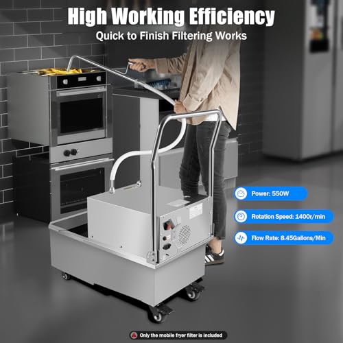 QUEWATSA 55L Mobile Fryer Filter 550W Stainless Steel Oil Filtration System Silver