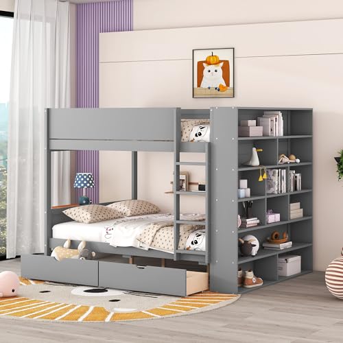 Acosure Full Over Full Bunk Bed with Storage Drawers and Cabinet Grey