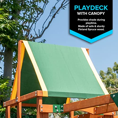 Sportspower Olympia Wood Swing Set with 3 Swings, Slide & Monkey Bars Natural/Green