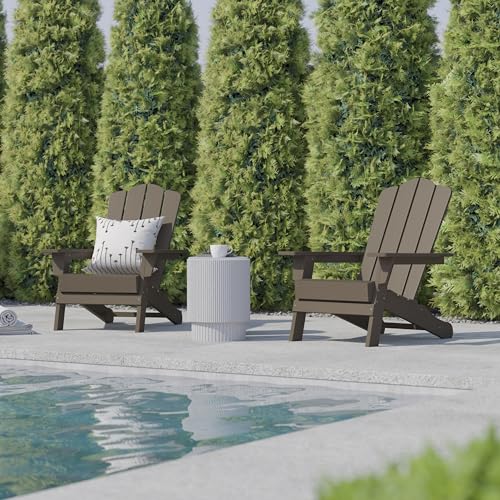 BizChair Adirondack Chairs Set of 4 with Cup Holders, Weather Resistant Poly Resin Brown