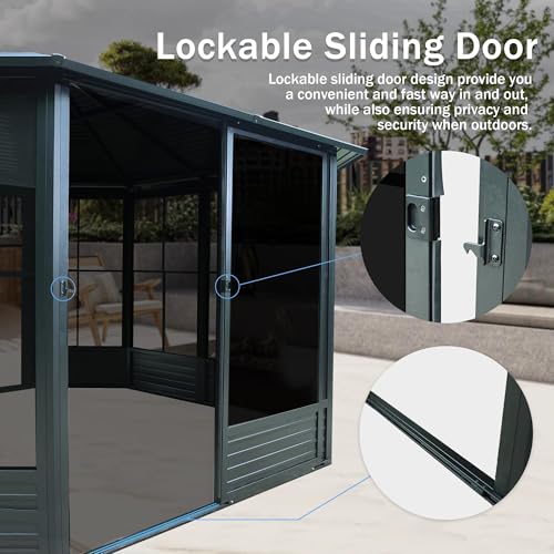 ZJBFXY88 13x13 FT Octagonal Sunroom Gazebo with Lockable Sliding Door Dark Gray