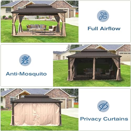 LOPOO Hardtop Gazebo Premium Aluminum Frame with Double Roof Canopy and Curtains Brown