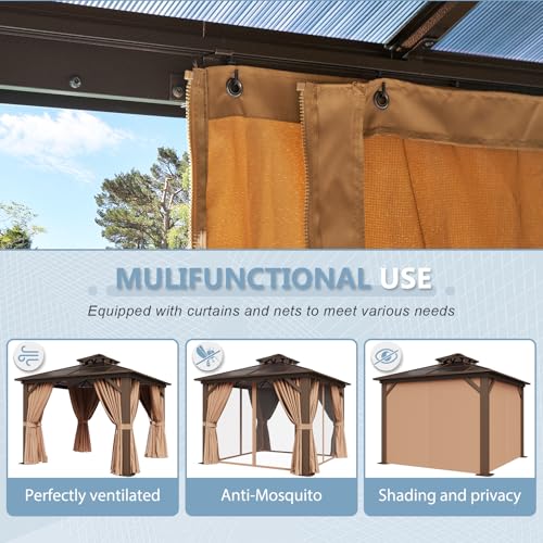 Aoxun 10'x10' Hardtop Gazebo with Netting and Curtains Brown