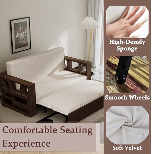 HomSof 3-in-1 Velvet Loveseat Sleeper Sofa Bed with Convertible Desk Beige