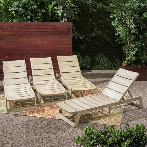 Noble House Maki Outdoor Acacia Wood Chaise Lounge Set of 4 Gray Wash