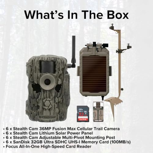 Stealth Cam 36MP Fusion Max Cellular Trail Camera Bundle with Solar Panel, Mounting Post, 32GB Memory Card, and Card Reader (6-Pack)