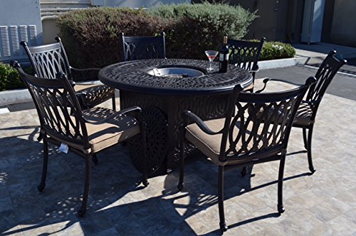 Patio Land Grand Tuscany 7-Piece Round Gas Fire Dining Set Dark Bronze with Sunbrella Sesame Cushions
