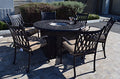 Patio Land Grand Tuscany 7 pcs Round Fire Gas Dining Set Dark Bronze with Sunbrella Sesame Cushions