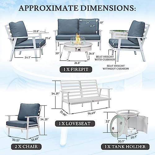 LeisureMod Walbrooke Modern Aluminum 5-Piece Patio Conversation Set with Fire Pit Navy Blue