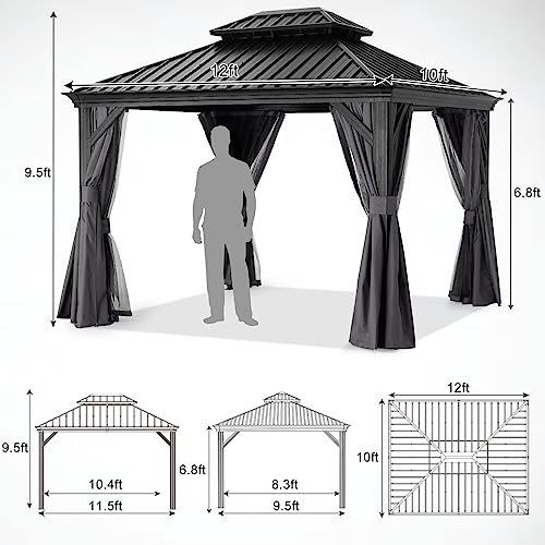 ABCCANOPY Hardtop Gazebo 10x12 Outdoor Metal Pavilion with Netting and Curtain Dark Gray
