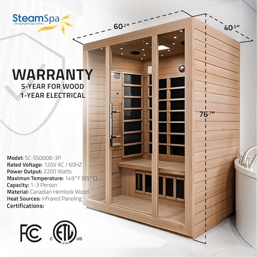 SteamSpa 3 Person Hemlock Wooden Indoor Sauna with Bluetooth & Touch Control