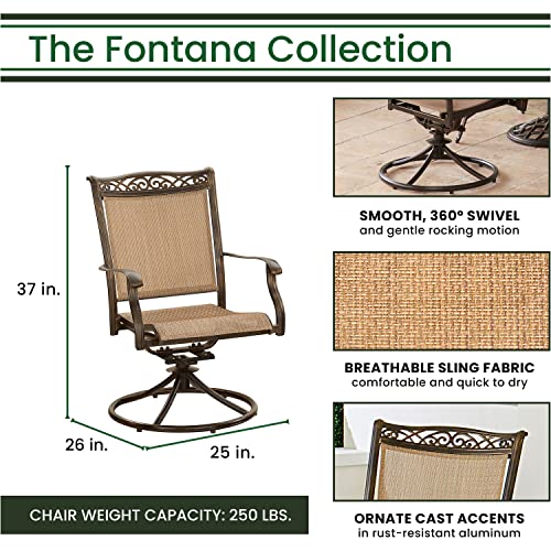 Hanover Fontana 3-Piece Bistro Set with Tan PVC Sling Swivel Rocker Chairs and 32" Round Cast-Top Table