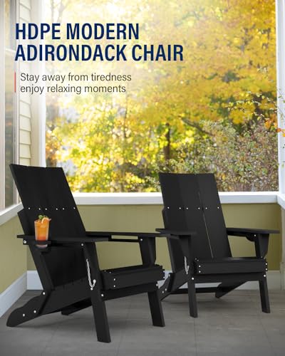 POWERWOOD Oversized HDPE Folding Adirondack Chairs Set of 4 with Cup Holder Black