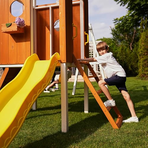 Avenlur Modern Wooden Outdoor Swing Set with Clubhouse & Slide Yellow