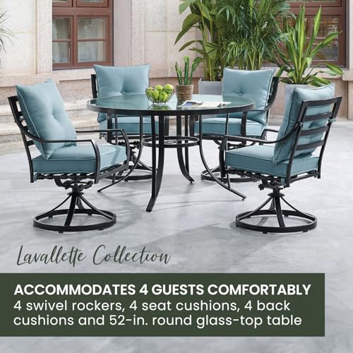 Hanover Lavallette 5-Piece Outdoor Dining Set with Swivel Rocker Chairs and Glass-Top Table Blue