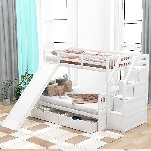 Flieks Twin Over Full Bunk Bed with Drawers and Slide White