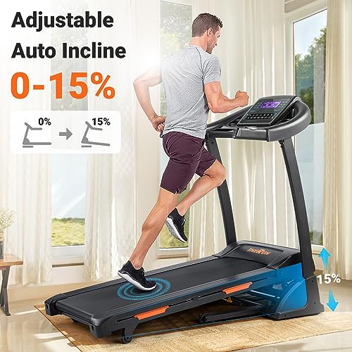 THERUN Incline Treadmill 300 lbs Weight Capacity Folding Treadmill 0-15% Auto Incline Orange-Black