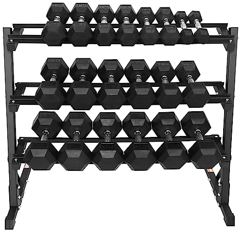 Signature Fitness 550LB Rubber Coated Hex Dumbbell Weight Set with 3-Tier Storage Rack Black