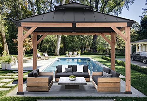 ABCCANOPY Wood Gazebo 11x11 Black - Outdoor Patio Wooden Gazebo with Hardtop Metal Double Roof
