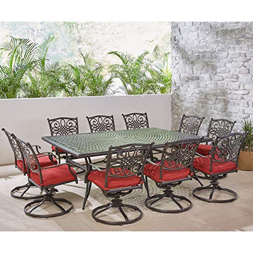 Hanover Traditions 11-Piece Modern Outdoor Dining Set with Rust Resistant Cast Aluminum Table and 10 Red Swivel Rocker Chairs