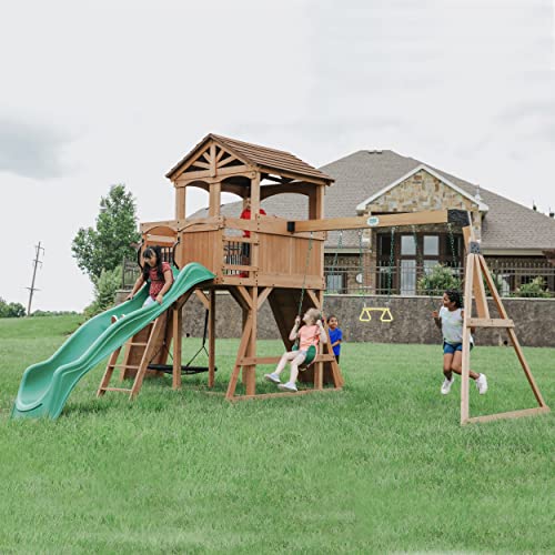 Backyard Discovery Sterling Point Cedar Swing Set with Green Wave Slide & Climbing Wall